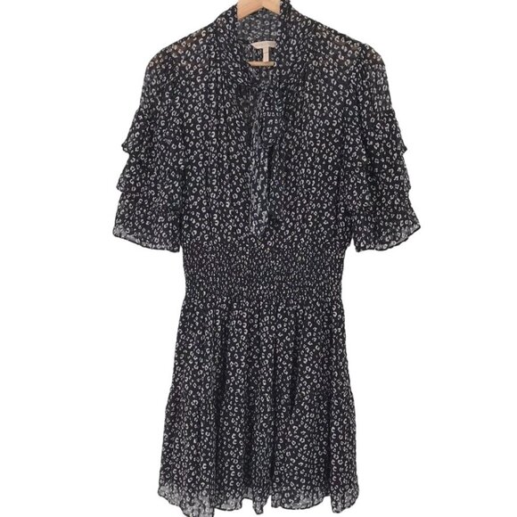 Rebecca Taylor Black  animal print Short Sleeve Dress Ruffle  silk blend size 6 - Picture 2 of 16